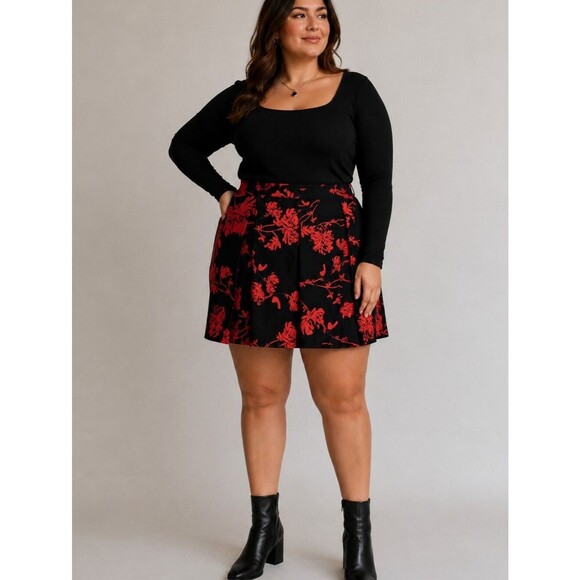Who What Wear Dresses & Skirts - WHO WHAT WEAR Black Red Floral Pleated A-Line Mini Skirt Size 14 Dark Romantic